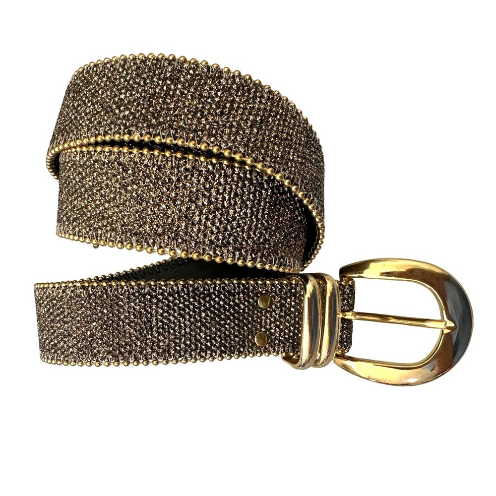 Vintage 80s Beaded Belt M Gold Bronze Metallic Leather Glam Maximalist